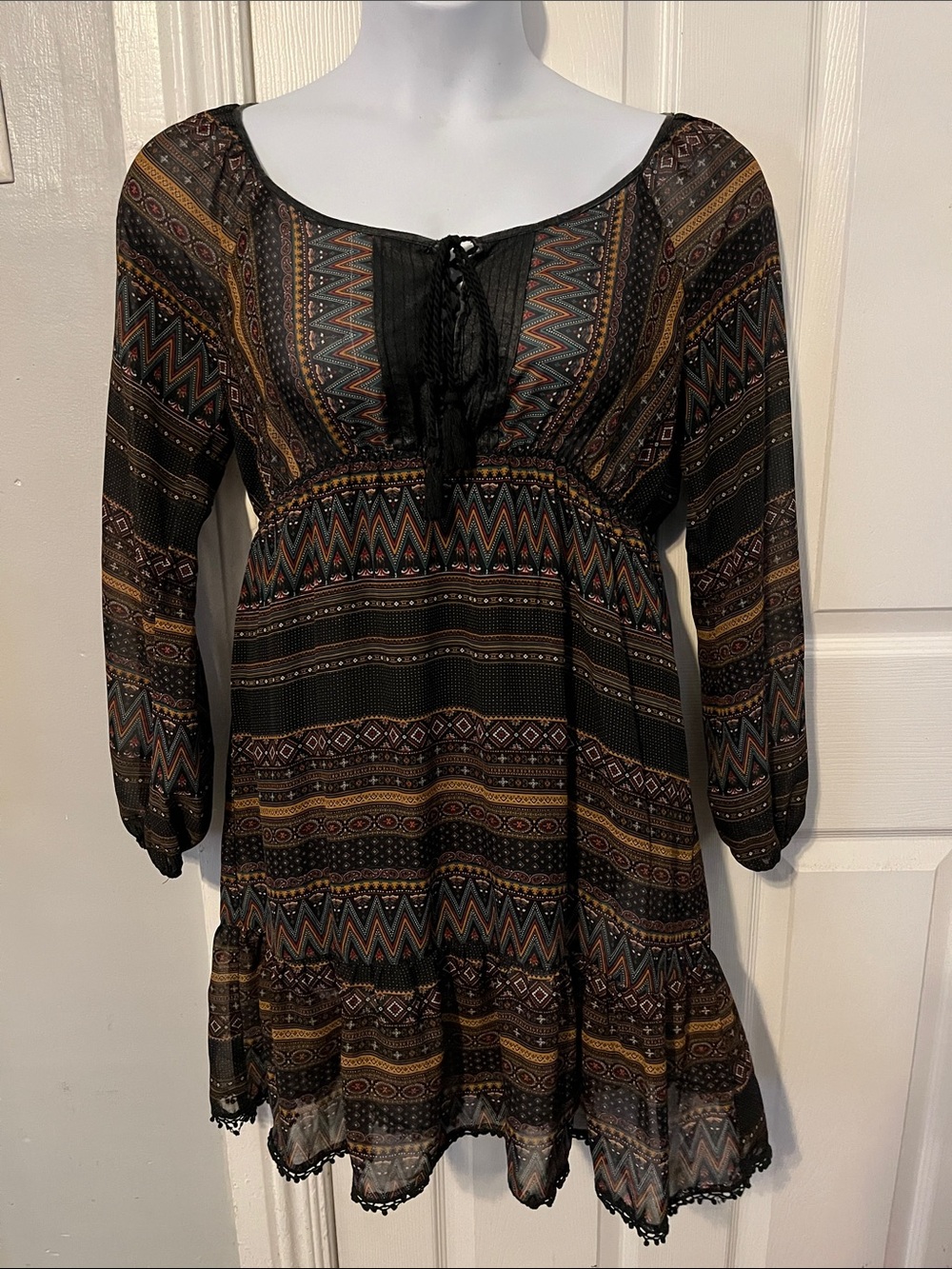Flying Tomato Boho-Print Long Sleeve Peasant Dress